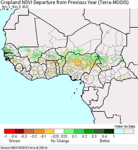 Western Africa Cropland NDVI Departure from Previous Year (Terra-MODIS) Thematic Map For 11/1/2022 - 11/8/2022