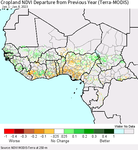 Western Africa Cropland NDVI Departure from Previous Year (Terra-MODIS) Thematic Map For 1/1/2023 - 1/8/2023
