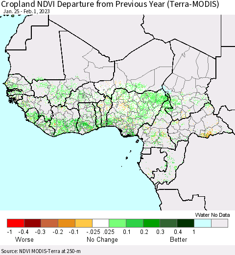 Western Africa Cropland NDVI Departure from Previous Year (Terra-MODIS) Thematic Map For 1/25/2023 - 2/1/2023