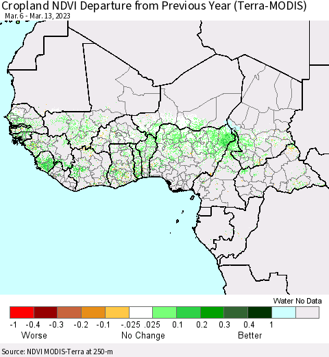 Western Africa Cropland NDVI Departure from Previous Year (Terra-MODIS) Thematic Map For 3/6/2023 - 3/13/2023