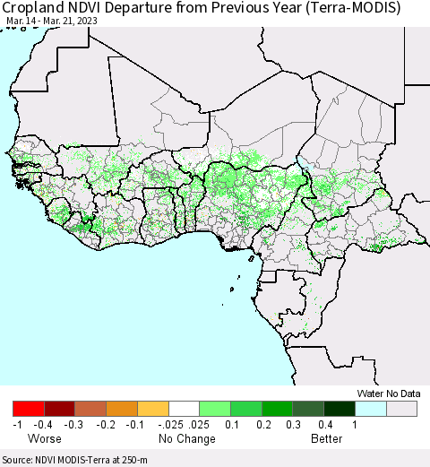 Western Africa Cropland NDVI Departure from Previous Year (Terra-MODIS) Thematic Map For 3/14/2023 - 3/21/2023