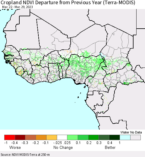 Western Africa Cropland NDVI Departure from Previous Year (Terra-MODIS) Thematic Map For 3/22/2023 - 3/29/2023