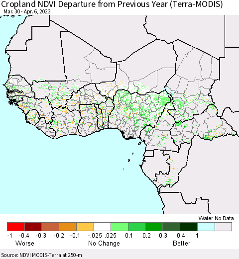 Western Africa Cropland NDVI Departure from Previous Year (Terra-MODIS) Thematic Map For 3/30/2023 - 4/6/2023