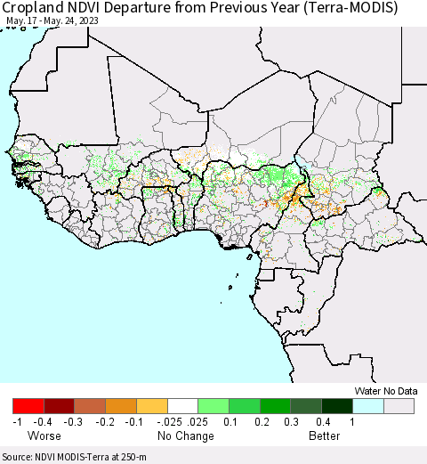 Western Africa Cropland NDVI Departure from Previous Year (Terra-MODIS) Thematic Map For 5/17/2023 - 5/24/2023