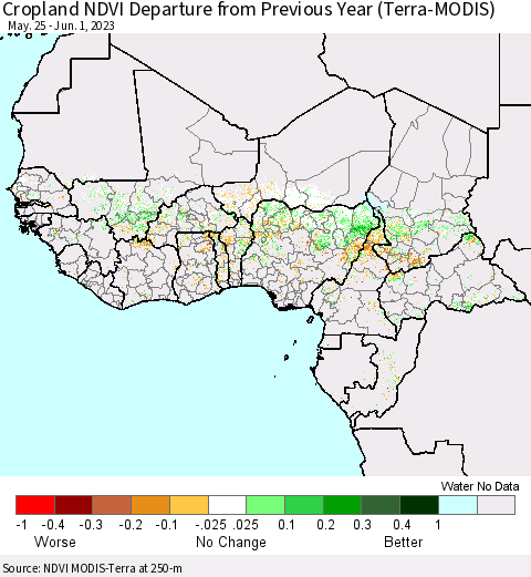 Western Africa Cropland NDVI Departure from Previous Year (Terra-MODIS) Thematic Map For 5/25/2023 - 6/1/2023