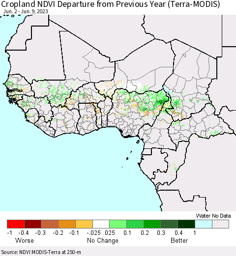 Western Africa Cropland NDVI Departure from Previous Year (Terra-MODIS) Thematic Map For 6/2/2023 - 6/9/2023