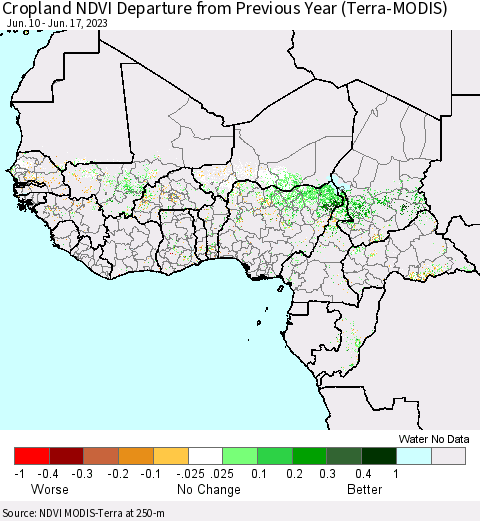 Western Africa Cropland NDVI Departure from Previous Year (Terra-MODIS) Thematic Map For 6/10/2023 - 6/17/2023