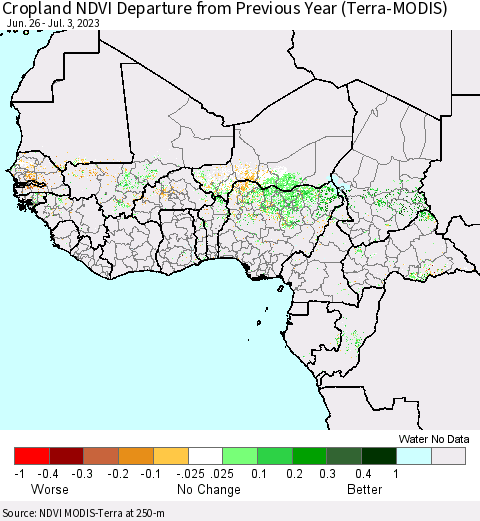 Western Africa Cropland NDVI Departure from Previous Year (Terra-MODIS) Thematic Map For 6/26/2023 - 7/3/2023
