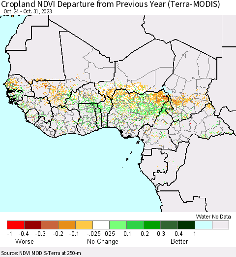 Western Africa Cropland NDVI Departure from Previous Year (Terra-MODIS) Thematic Map For 10/24/2023 - 10/31/2023