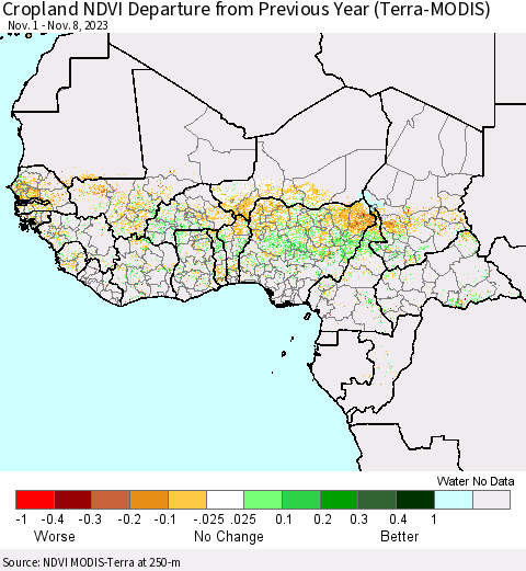 Western Africa Cropland NDVI Departure from Previous Year (Terra-MODIS) Thematic Map For 11/1/2023 - 11/8/2023