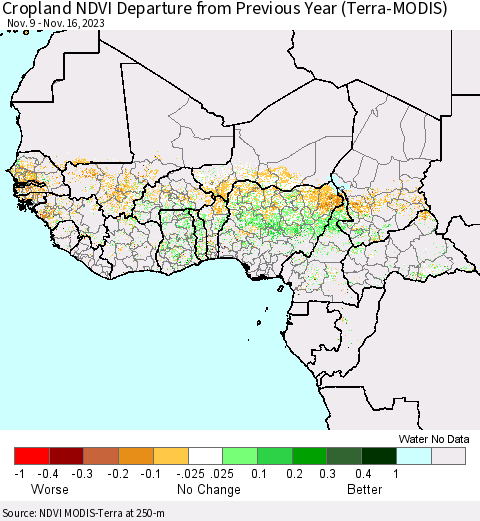Western Africa Cropland NDVI Departure from Previous Year (Terra-MODIS) Thematic Map For 11/9/2023 - 11/16/2023
