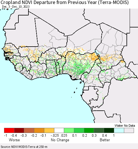Western Africa Cropland NDVI Departure from Previous Year (Terra-MODIS) Thematic Map For 12/3/2023 - 12/10/2023