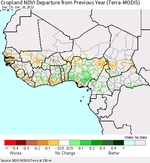 Western Africa Cropland NDVI Departure from Previous Year (Terra-MODIS) Thematic Map For 12/19/2023 - 12/26/2023