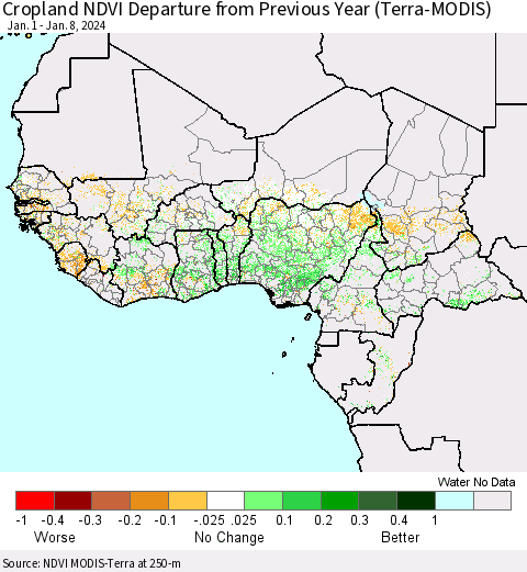 Western Africa Cropland NDVI Departure from Previous Year (Terra-MODIS) Thematic Map For 1/1/2024 - 1/8/2024