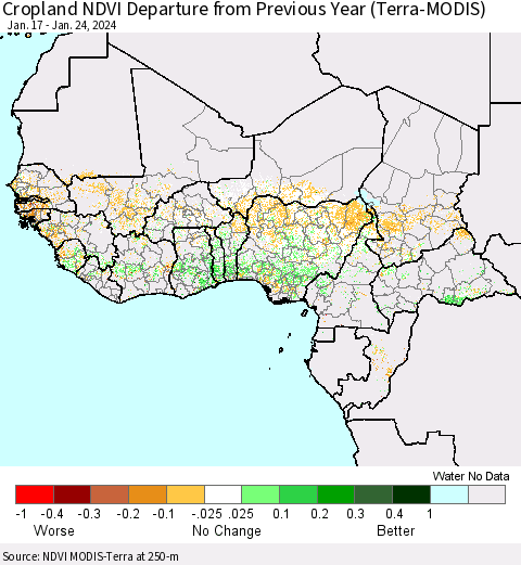 Western Africa Cropland NDVI Departure from Previous Year (Terra-MODIS) Thematic Map For 1/17/2024 - 1/24/2024