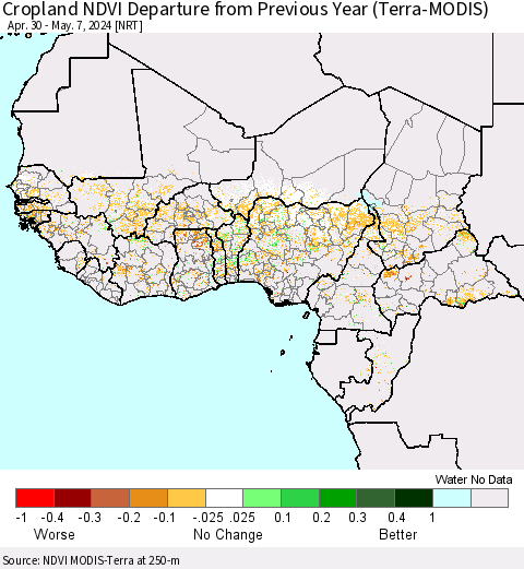 Western Africa Cropland NDVI Departure from Previous Year (Terra-MODIS) Thematic Map For 4/30/2024 - 5/7/2024