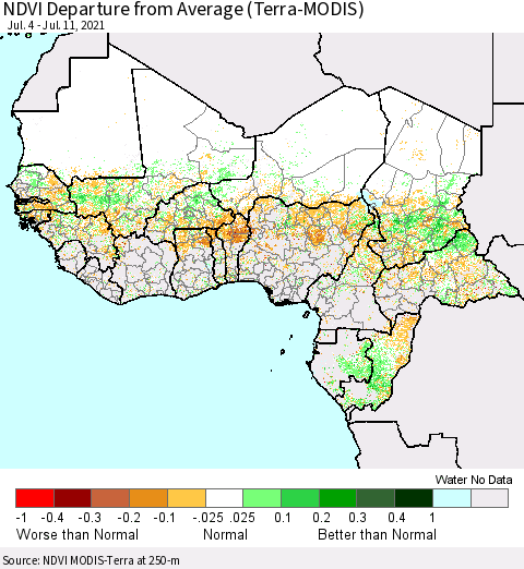 Western Africa NDVI Departure from Average (Terra-MODIS) Thematic Map For 7/4/2021 - 7/11/2021