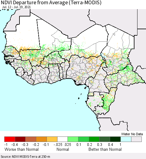 Western Africa NDVI Departure from Average (Terra-MODIS) Thematic Map For 7/12/2021 - 7/19/2021