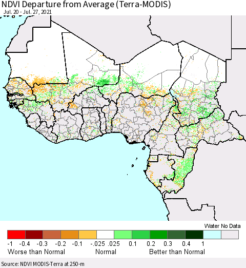Western Africa NDVI Departure from Average (Terra-MODIS) Thematic Map For 7/20/2021 - 7/27/2021