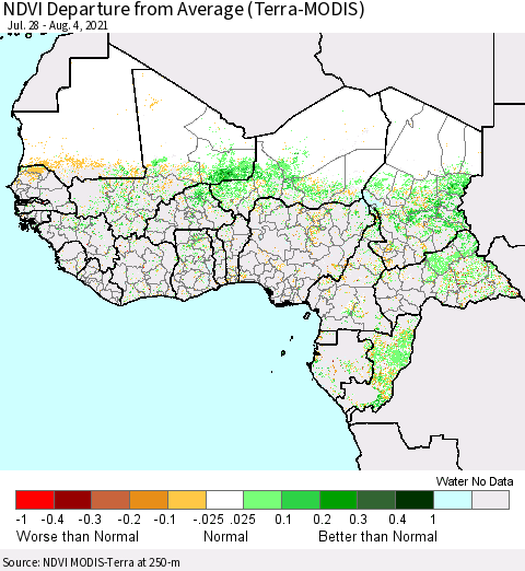 Western Africa NDVI Departure from Average (Terra-MODIS) Thematic Map For 7/28/2021 - 8/4/2021