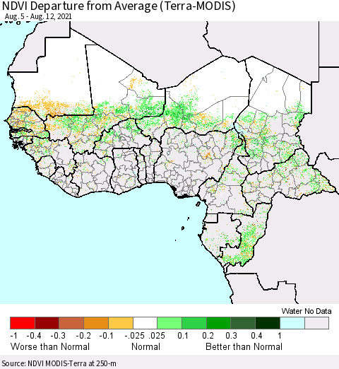 Western Africa NDVI Departure from Average (Terra-MODIS) Thematic Map For 8/5/2021 - 8/12/2021