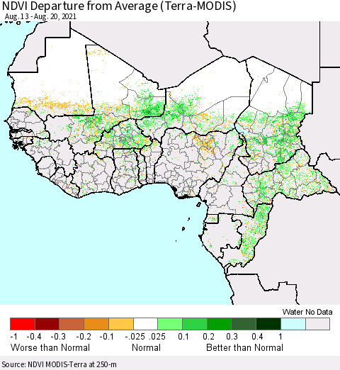 Western Africa NDVI Departure from Average (Terra-MODIS) Thematic Map For 8/13/2021 - 8/20/2021