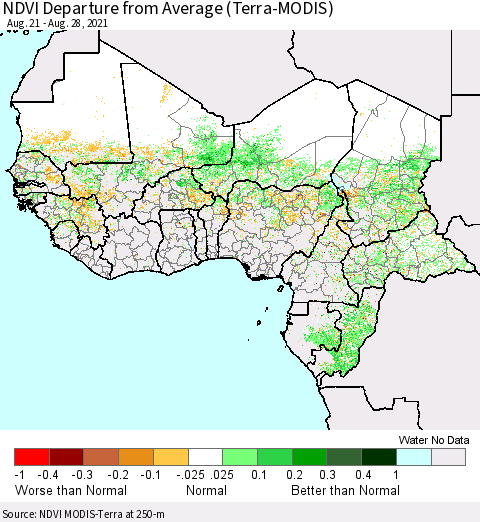 Western Africa NDVI Departure from Average (Terra-MODIS) Thematic Map For 8/21/2021 - 8/28/2021