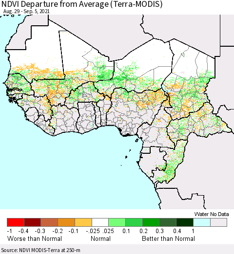 Western Africa NDVI Departure from Average (Terra-MODIS) Thematic Map For 8/29/2021 - 9/5/2021