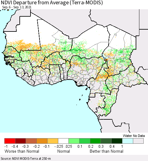 Western Africa NDVI Departure from Average (Terra-MODIS) Thematic Map For 9/6/2021 - 9/13/2021