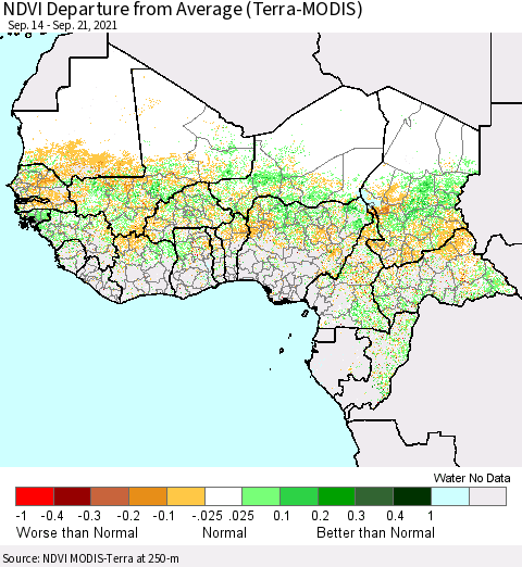 Western Africa NDVI Departure from Average (Terra-MODIS) Thematic Map For 9/14/2021 - 9/21/2021