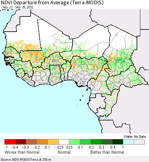 Western Africa NDVI Departure from Average (Terra-MODIS) Thematic Map For 9/22/2021 - 9/29/2021