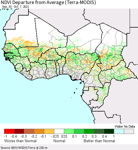 Western Africa NDVI Departure from Average (Terra-MODIS) Thematic Map For 9/30/2021 - 10/7/2021