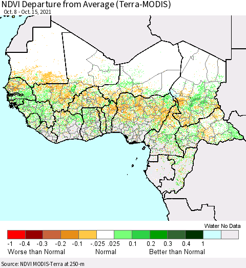 Western Africa NDVI Departure from Average (Terra-MODIS) Thematic Map For 10/8/2021 - 10/15/2021