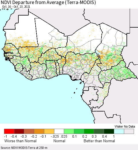 Western Africa NDVI Departure from Average (Terra-MODIS) Thematic Map For 10/16/2021 - 10/23/2021