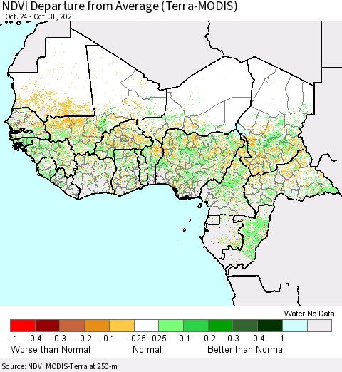 Western Africa NDVI Departure from Average (Terra-MODIS) Thematic Map For 10/24/2021 - 10/31/2021