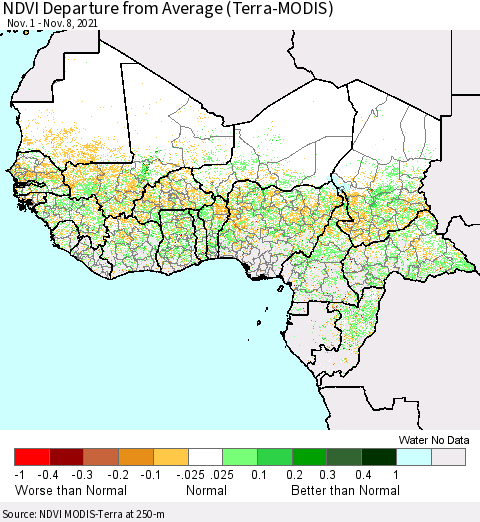 Western Africa NDVI Departure from Average (Terra-MODIS) Thematic Map For 11/1/2021 - 11/8/2021