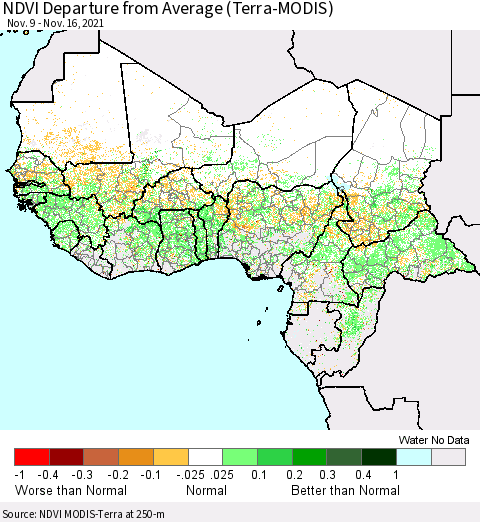 Western Africa NDVI Departure from Average (Terra-MODIS) Thematic Map For 11/9/2021 - 11/16/2021