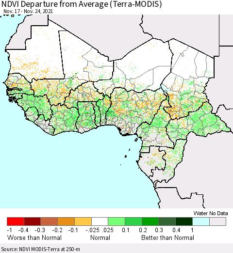 Western Africa NDVI Departure from Average (Terra-MODIS) Thematic Map For 11/17/2021 - 11/24/2021