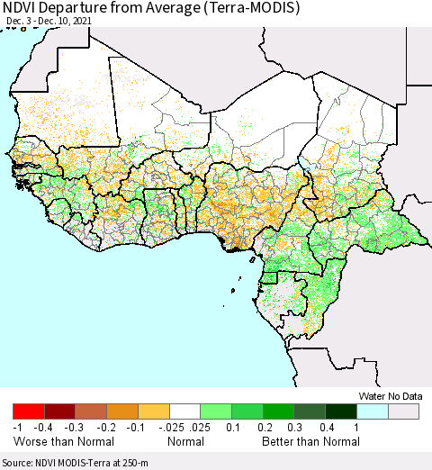 Western Africa NDVI Departure from Average (Terra-MODIS) Thematic Map For 12/3/2021 - 12/10/2021