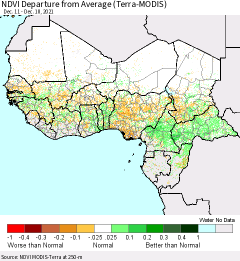 Western Africa NDVI Departure from Average (Terra-MODIS) Thematic Map For 12/11/2021 - 12/18/2021