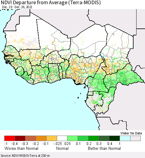 Western Africa NDVI Departure from Average (Terra-MODIS) Thematic Map For 12/19/2021 - 12/26/2021