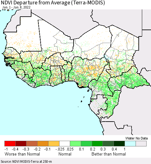 Western Africa NDVI Departure from Average (Terra-MODIS) Thematic Map For 1/1/2022 - 1/8/2022