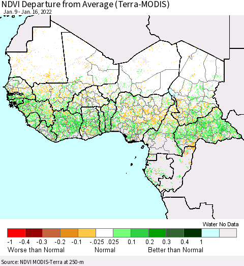 Western Africa NDVI Departure from Average (Terra-MODIS) Thematic Map For 1/9/2022 - 1/16/2022