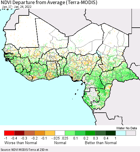 Western Africa NDVI Departure from Average (Terra-MODIS) Thematic Map For 1/17/2022 - 1/24/2022