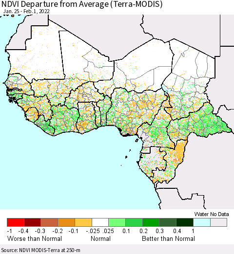 Western Africa NDVI Departure from Average (Terra-MODIS) Thematic Map For 1/25/2022 - 2/1/2022