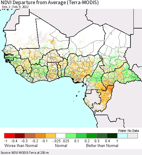Western Africa NDVI Departure from Average (Terra-MODIS) Thematic Map For 2/2/2022 - 2/9/2022