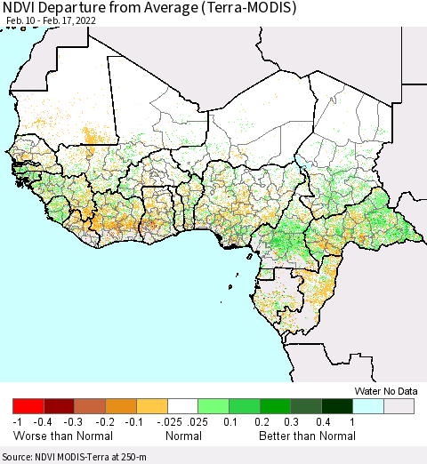 Western Africa NDVI Departure from Average (Terra-MODIS) Thematic Map For 2/10/2022 - 2/17/2022