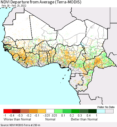 Western Africa NDVI Departure from Average (Terra-MODIS) Thematic Map For 2/18/2022 - 2/25/2022