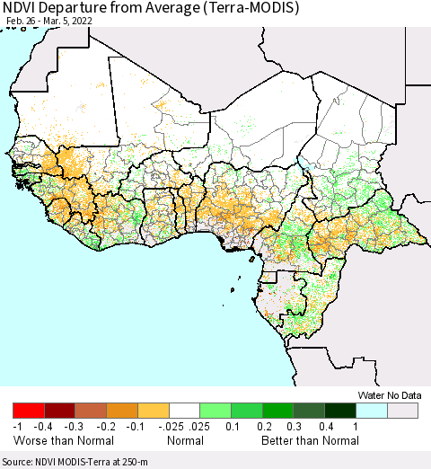 Western Africa NDVI Departure from Average (Terra-MODIS) Thematic Map For 2/26/2022 - 3/5/2022