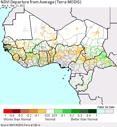 Western Africa NDVI Departure from Average (Terra-MODIS) Thematic Map For 3/6/2022 - 3/13/2022